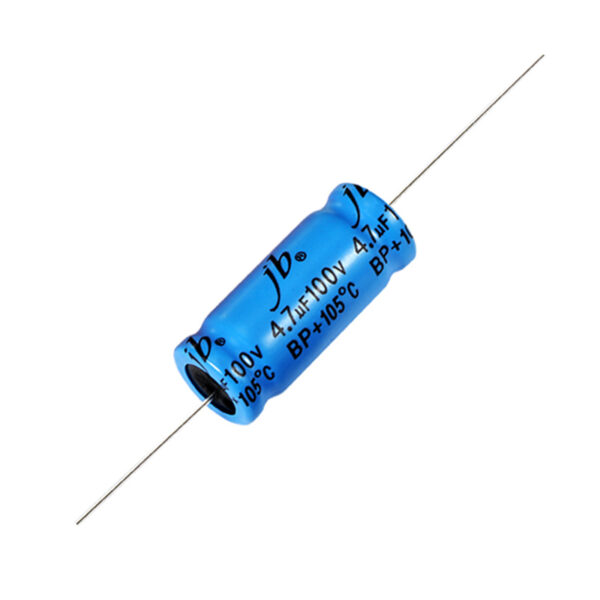 JAD – 1000H 105°C Bi-Polar Axial Aluminum Electrolytic Capacitors designed for audio systems, featuring a maximum dissipation factor (DF) of 5% at 1kHz. These capacitors provide reliable performance with a lifespan of 1000 hours at 105°C and operate within a voltage range of 50V to 100V. Ideal for use in crossover networks and high-fidelity audio applications, they ensure optimal sound quality and stability.