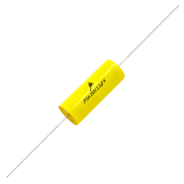 JFG – Axial Metallized Polyester & Polypropylene Film Capacitors designed for versatile applications, featuring a capacitance range from 0.033µF to 68µF with voltage ratings of 250V, 400V, and 630V DC. These capacitors ensure reliable performance with low dielectric absorption and excellent self-healing properties, making them suitable for audio, power supply, and general electronic circuits. They operate effectively within a temperature range of -55°C to +100°C.