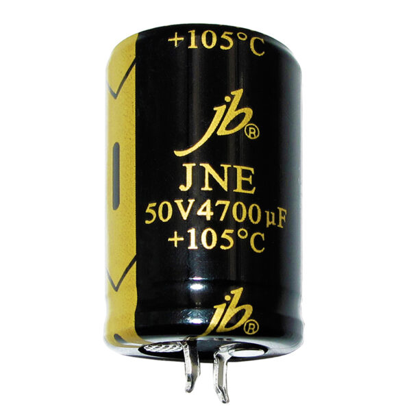 JNE – 2000H at 105°C Miniaturized Snap-in Aluminum Electrolytic Capacitors with voltage ratings from 10V to 100V, designed for high ripple current applications, featuring a lifespan of 2000 hours at 105°C and a compact size for efficient PCB mounting.