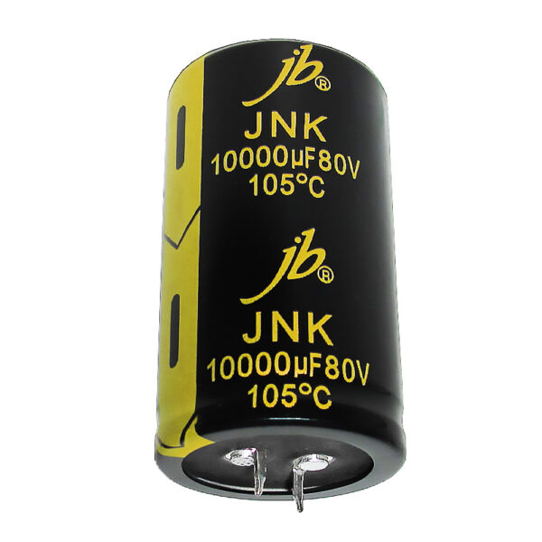 JNK - 5000H at 105°C Snap-in Aluminum Electrolytic Capacitors designed for high-performance applications, featuring a lifespan of 5000 hours at 105°C, low impedance, and voltage ratings from 10V to 450V. These capacitors are ideal for power supply circuits, providing reliable energy storage and enhanced ripple current capability in compact electronic devices.