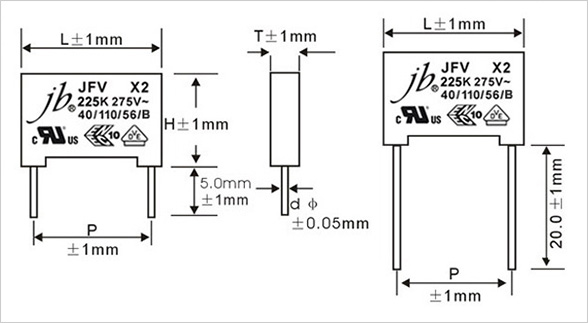 JFV - X2 Metallized Polypropylene Film Capacitor (275VAC, 305VAC, 310VAC) Drawing