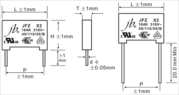 JFZ - X2 Metallized Polypropylene Film Capacitor (305VAC, 310VAC) Drawing