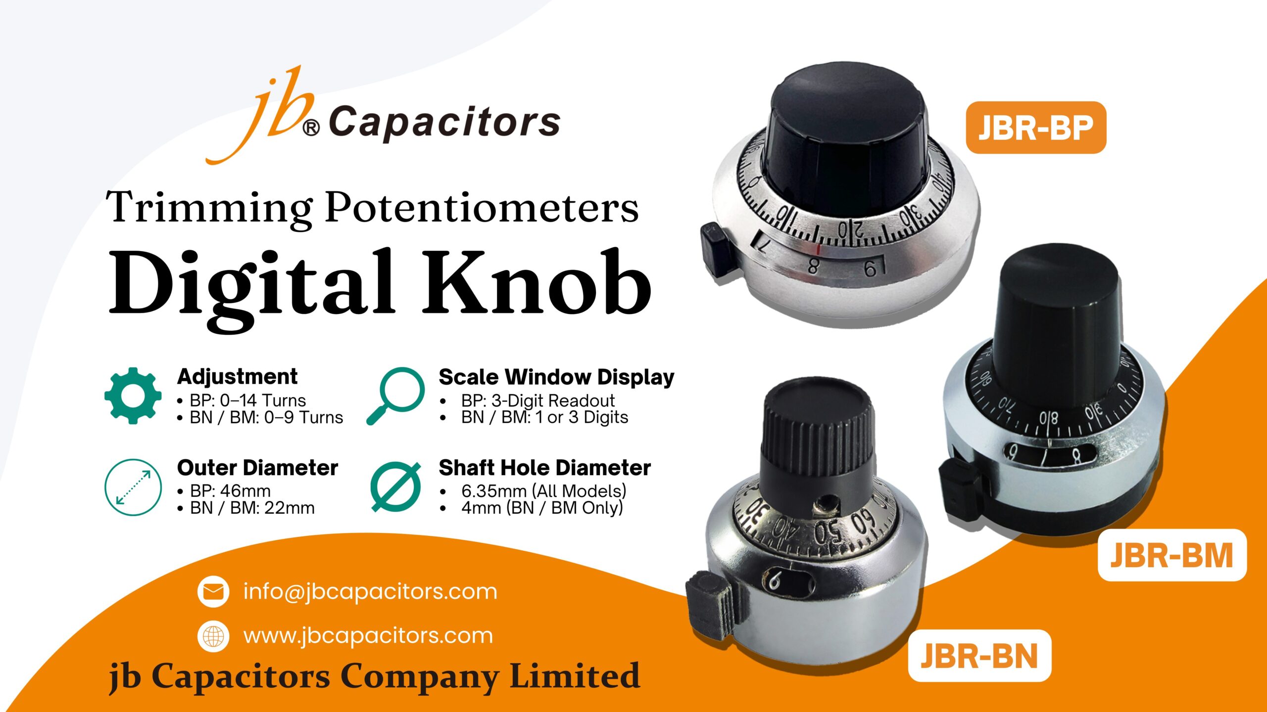 b Capacitors Digital Knob potentiometers – JBR-BP, JBR-BM, JBR-BN models with multi-turn adjustment, precision scale readout, and shaft compatibility for industrial and control panel applications.