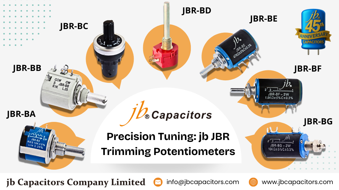 Visual lineup of jb JBR Trimming Potentiometers including models JBR-BA, JBR-BB, JBR-BC, JBR-BD, JBR-BE, JBR-BF, and JBR-BG, showcasing diverse precision tuning options for electronic applications by jb Capacitors Company Limited.
