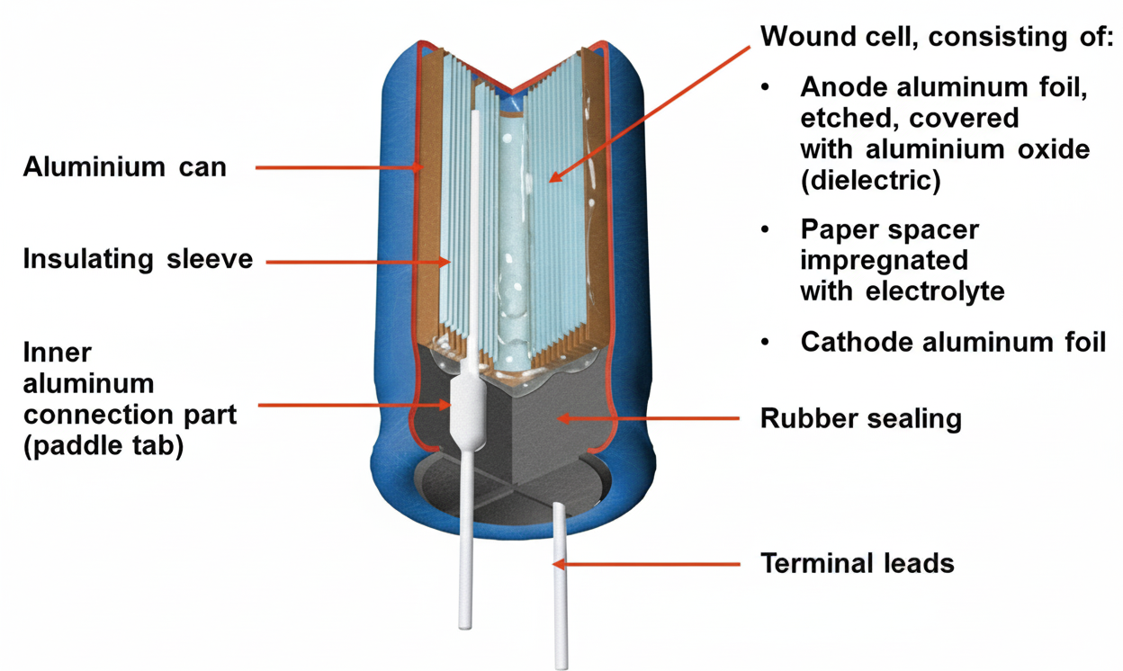 Internal structure of aluminum electrolytic capacitor showing anode oxide dielectric, electrolyte-impregnated paper, cathode foil, rubber sealing and terminal connection