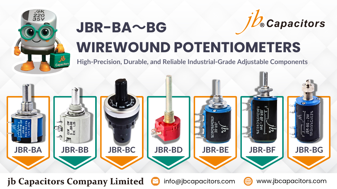 jb JBR-BA ~ JBR-BG wirewound potentiometers full series lineup showing industrial-grade adjustable models JBR-BA, JBR-BB, JBR-BC, JBR-BD, JBR-BE, JBR-BF, and JBR-BG – precision, durable, and reliable components by jb Capacitors