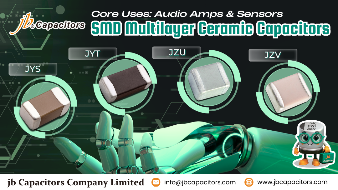 jb Capacitors SMD Multilayer Ceramic Capacitors product lineup featuring JYS, JYT, JZU and JZV series, highlighting core uses in audio amplifiers and sensors with a high-tech PCB background.